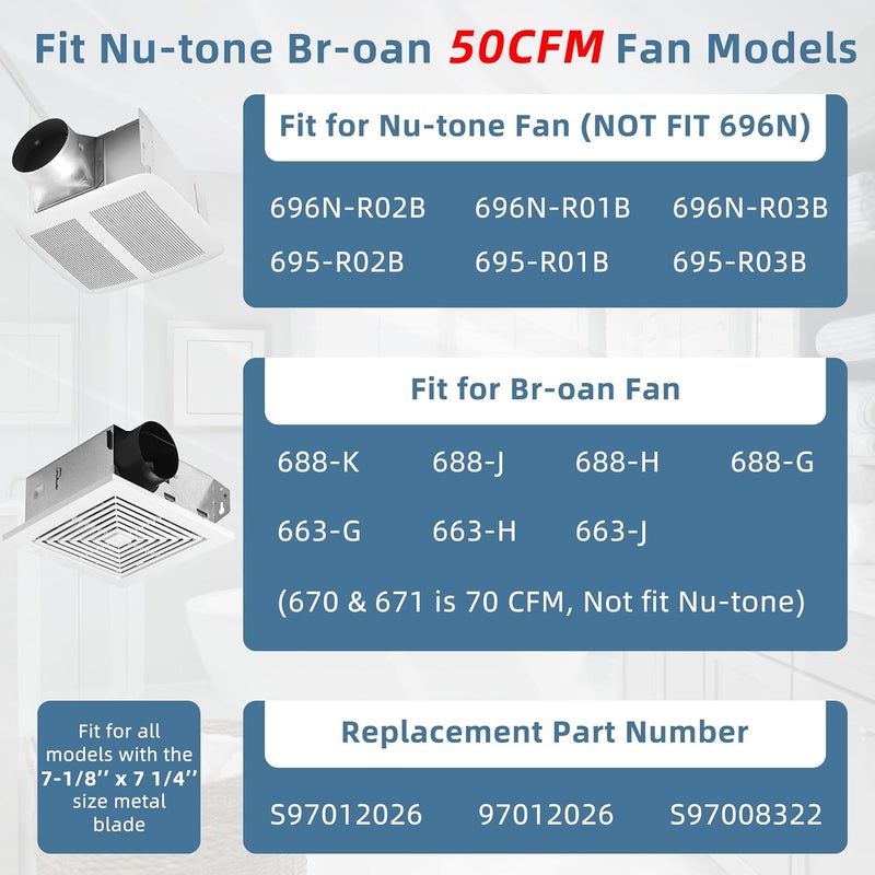 Fetechmate 696N-R02 B Unit Replacement, S97012026 50CFM Fan Motor Compatible with Nu-Tone Bro-an 688-K 688-J 688-H 688-G 663-G 663-H 663-J,695N-R02 B,696N-R01 B,695N-R02 B, Bathroom Fan Replacement by - Image 5